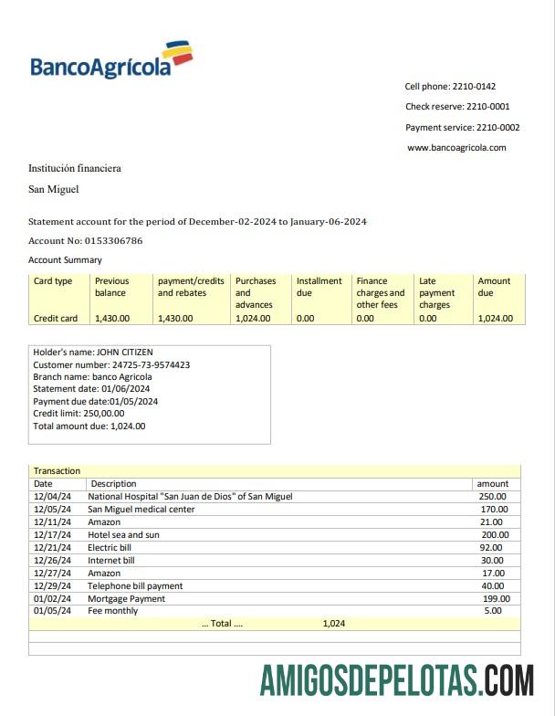 República Dominicana Extrato bancário do Banco Agricola de 3 a 6 meses Word e modelo de exemplo em PDF